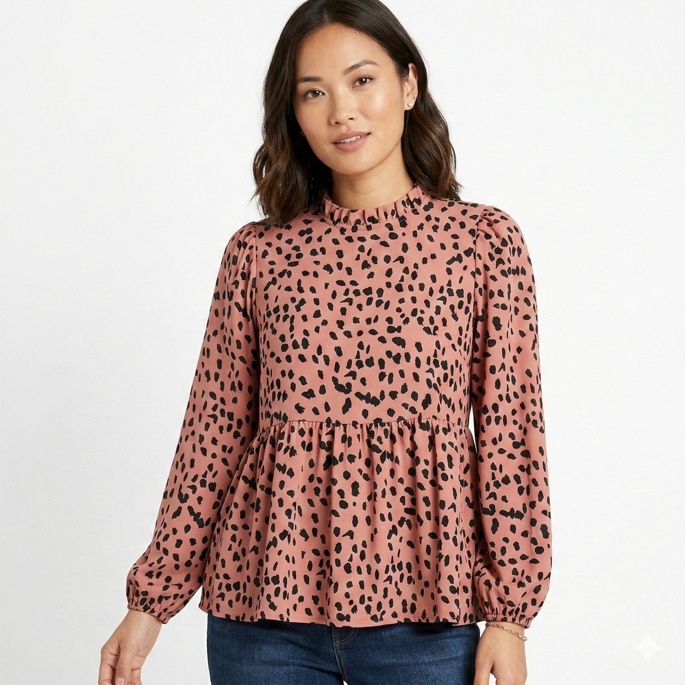 White Birch Tiered Ruffle Long Sleeve Top Pink Spotted Modest Feminine Size S